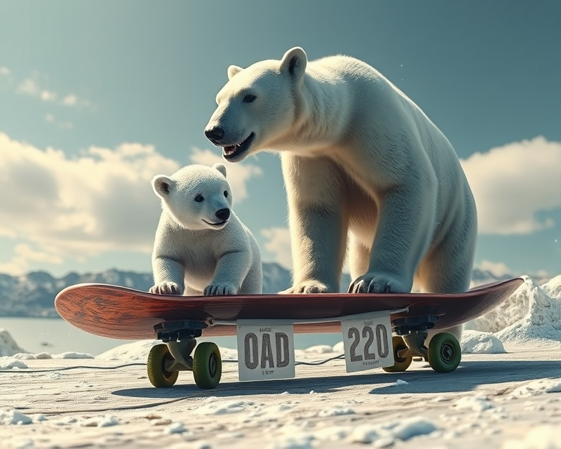 skateboard, polar bear